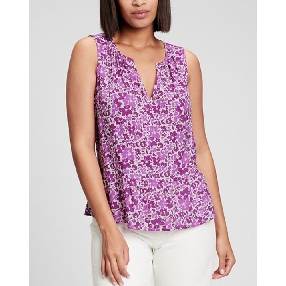 NWT Gap Women's Sleeveless Peplum Floral Blouse Size L Dark Pink Coquette $39.99